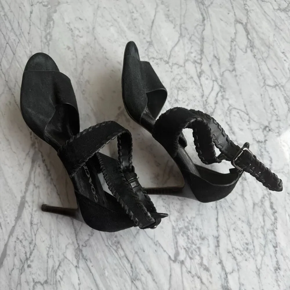 Coach Women's Henny Sandal Ankle Strap Heel Open Toe Black Suede Dressy 6 B